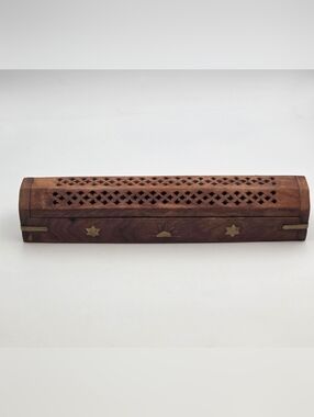 Wood Coffin Incense Stick Burner Holder Box Gold Moon Stars Hand Carved Accents